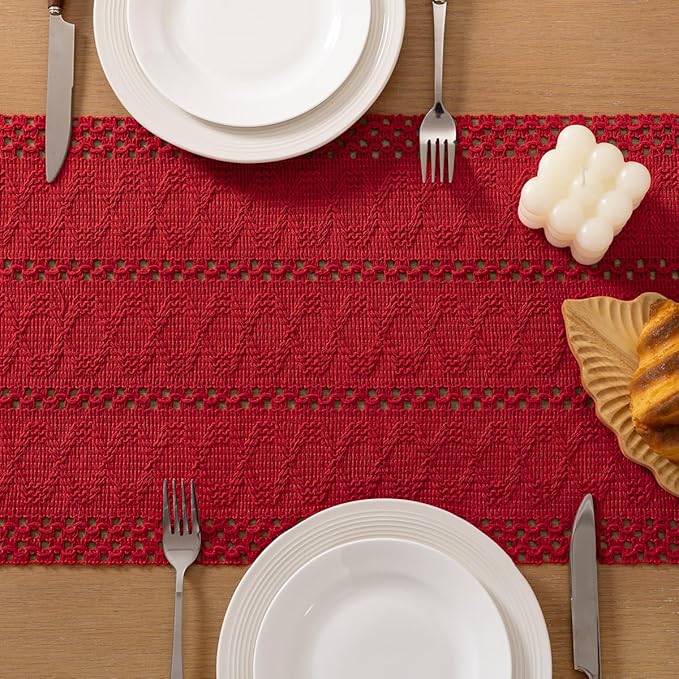 Socomi Boho Table Runner Macrame Easter Spring Farmhouse Woven Cotton Linen Rustic Coffee Table Runner with Tassels for Dresser Scarf Home Decor Dining Room 12x90 in Red