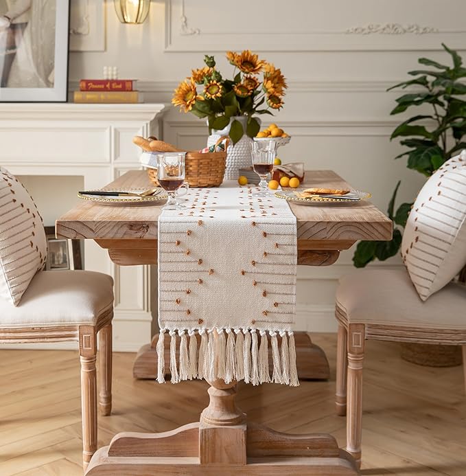 Boho Table Runner 13 x 108 Inch Long Natural Cotton Woven Runner with Tassels for Home Dining Table décor, for Modern Farmhouse Decor Coffee Table Runner, Brown and Beige
