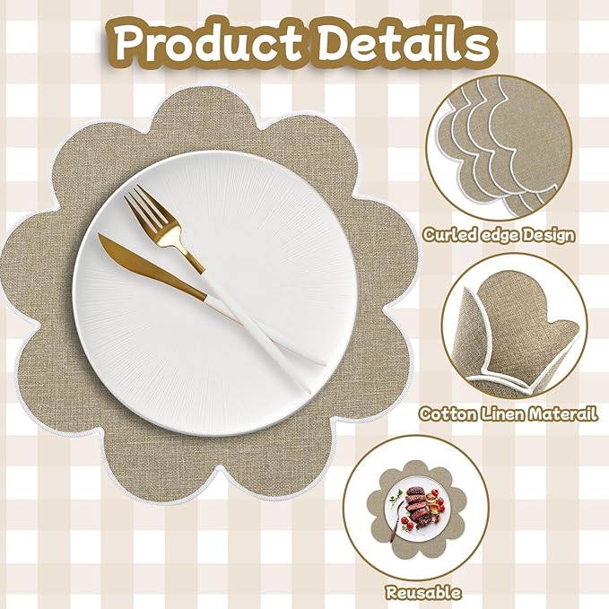 SK Studio Set of 6 Cotton Linen Placemats, 15x15 Round Scalloped Cloth Table Mats, Embroidery Double Layered Washable Dining Placemat for Hotel Restaurant Kitchen, Khaki