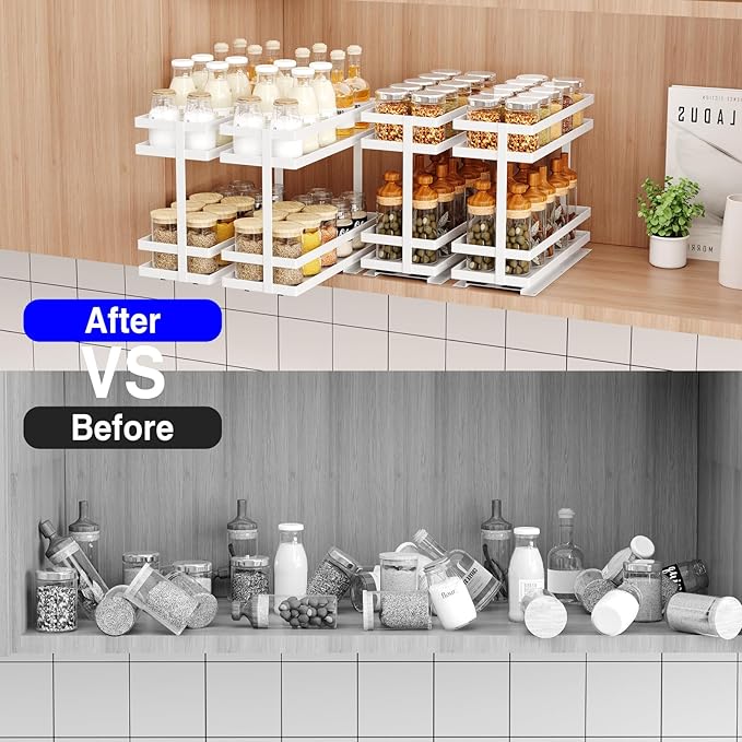Mustorn Pull Out Spice Rack Organizer for Cabinet, 2 Tier Metal Slide Out Seasoning Organizer and Storage Heavy Duty Vertical Spice Rack Shelf Pullout for Kitchen Cabinets No Drilling(1 Pack, White)