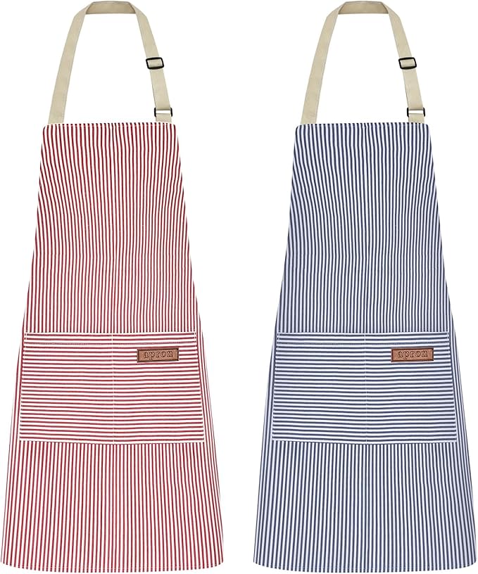 2Pack Adjustable Kitchen Apron for Women Men with 2 Pockets，Cotton-Polyester Blend Bib Aprons for Cooking,Baking