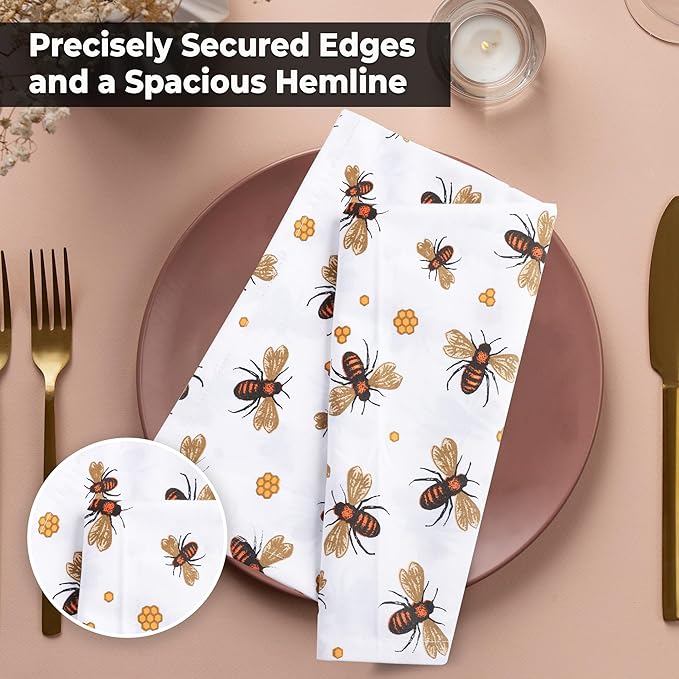 Urban Villa Cloth Napkins Honey Bee Print 100% Cotton Absorbent Dinner Napkins (Set of 6) Oversized 20x20 Inches Soft Durable Reusable Washable Ideal for Everyday Use Wedding Parties Premium Quality