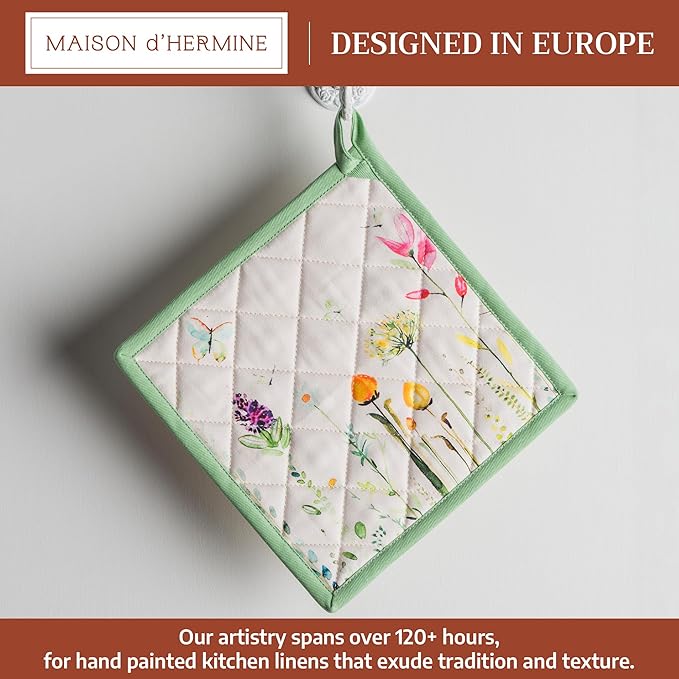 Maison d' Hermine Pot Holders 100% Cotton Heat Resistant Potholders 8" x 8" Hot Pads with Loop BBQ Cooking Baking Gifts for Mothers Day Handling Hot Pans Spring/Summer(Pack of 1, Botanical Fresh)