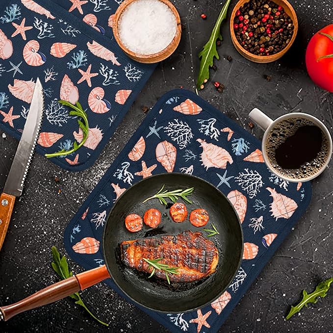 Pot Holders Set of 2 Heat Resistant 480℉ Kitchen 100% Cotton Comfortable Lining Printing Cowry Flower Women Men Home Cooking Baking Microwave BBQ Gift (Cowry potholders)