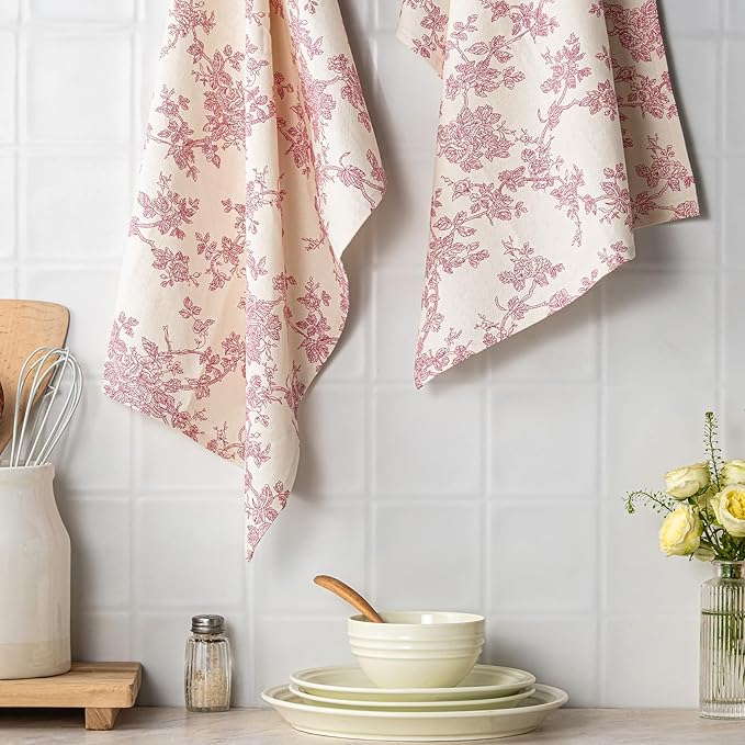 100% Cotton French Pastoral Kitchen Towels Set of 2, Decorative Flour Sack Tea Towels with Hanging Loop 18x25 Inch Absorbent Dish Cloths Farmhouse Home Decor, Pink