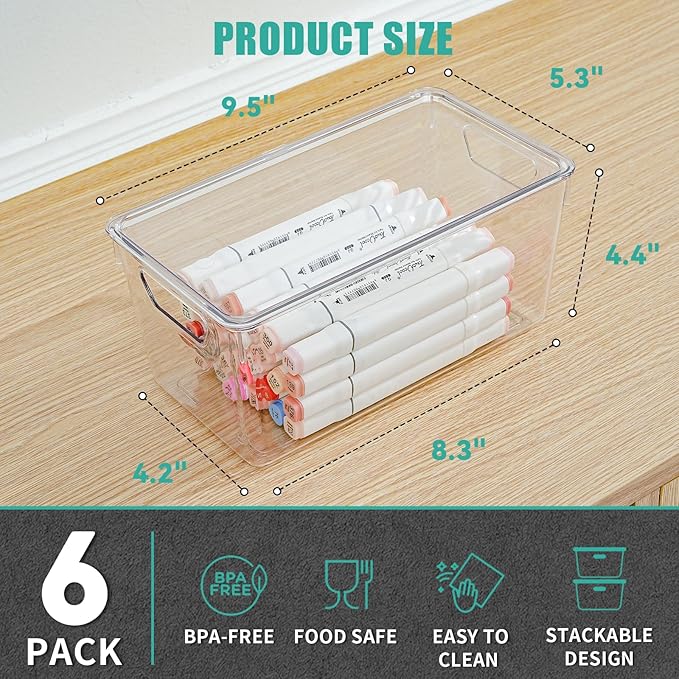 6 Pack Small Clear Storage Bins with Lids, Acrylic Arts and Craft Storage Containers, Stackable Clear Plastic Craft Storage Bins with Handles for Pantry Organizers and Storage, Kitchen, Fridge, Office