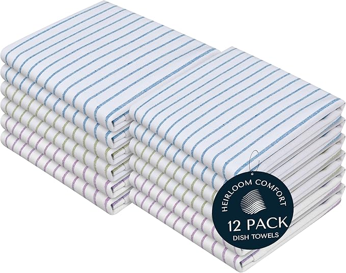 Multi Colors Kitchen Towels 12 Pack, 100% Cotton, Classic Striped Towel Set, Super Absorbent & Durable Dishcloths, Quick Drying for Drying Dishes - Turquiose Blue, Green, Lavender