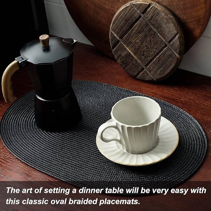 AHHFSMEI Placemats Set of 4 for Dining Table Washable Woven Non-Slip 18x12 inches Placemat Heat-Resistant Durable Table Mats for Dining Table Easy to Clean (Oval Black, 4)