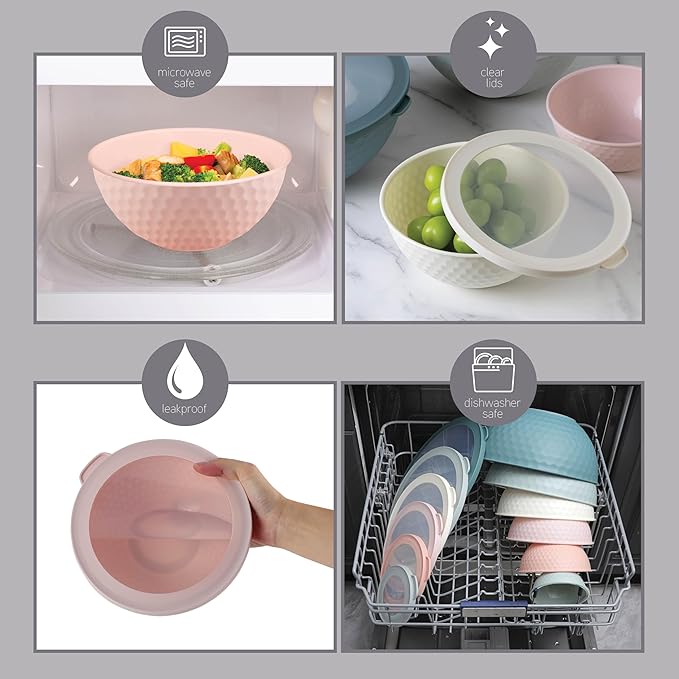 COOK WITH COLOR Mixing Bowls with Lids - 12 Piece Plastic Nesting Bowls Set includes 6 Prep Bowls and 6 Lids, Microwave Safe Mixing Bowl Set, Teal Embossed