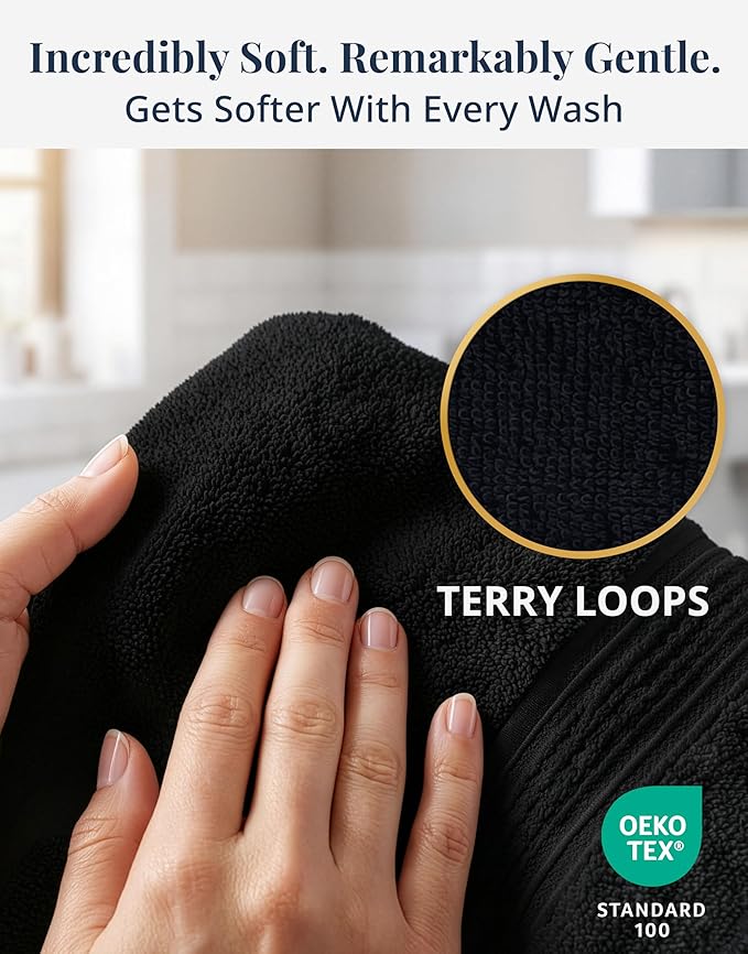 Black Hand Towels for Bathroom - 6 Pack (16"x28"), 100% Ringspun Cotton Hand & Face Towel - Soft, Prevent Fraying, Fade and Shrink Resistant - Daily Use Gym Towels for Men & Family Bathroom Hand Towel