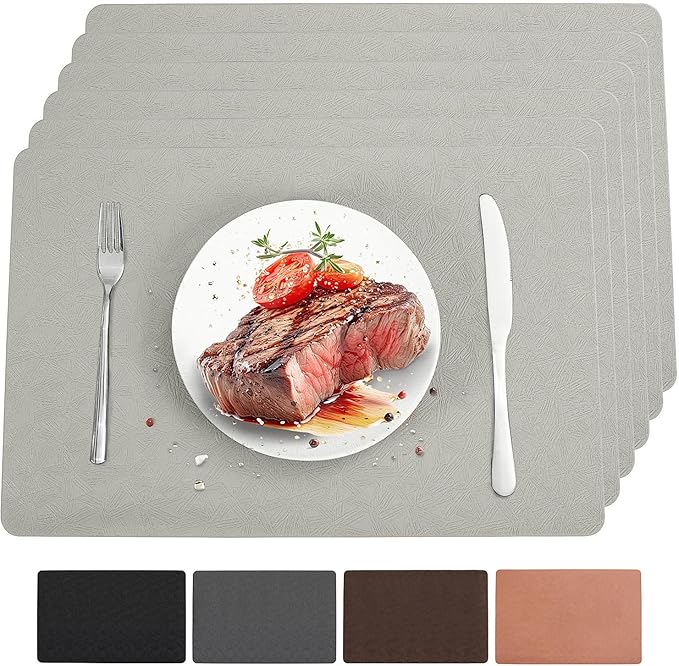 Vinyl Placemats Set of 6 Heat Resistant Easy Clean Non-Slip Place Mats for Dining Table Faux Leather Waterproof Stain Resistant Wipeable Washable PVC Table Mats(6, Light Gray)