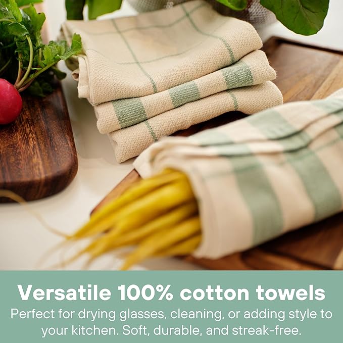 MEEMA Upcycled Spring Kitchen Towels Cotton Fabric | Super Absorbent Hand Towels with Hanging Loop | Cleaning Rags and Dish Towels for Kitchen | Sage Green Stripes | Large 18 x 28 Inch | 4-Pack
