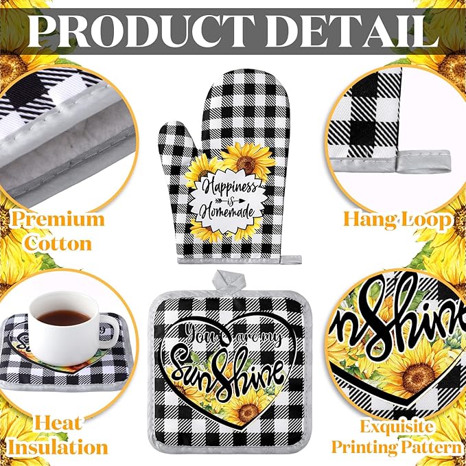Leinuosen 6 Plaid Sunflower Kitchen Towels Kitchen Decor and Accessories Set Floral Plant Oven Mitts and Pot Holders Sets Farmhouse Absorbent Dish Towels for Cooking Baking Grilling