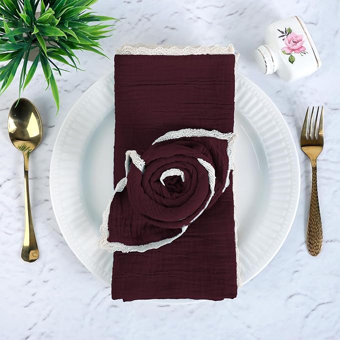 Fingercraft Dinner Cloth Napkin Cotton Muslin Double Gauze 8 Pack with Classic Lace for Everyday Use, Wedding, Party, Christmas, Easter Napkins Cloth are Pre Shrunk and Good Absorbency Chocolate