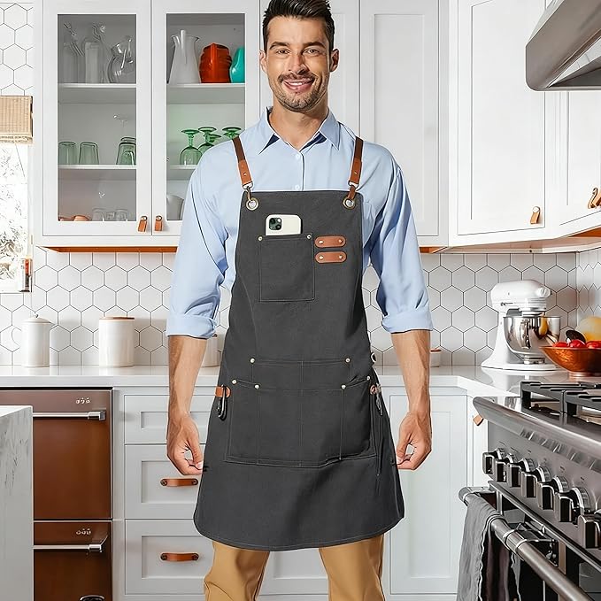 Canvas Work Apron,Cross Back Aprons for Men,Women,Cooking,Carpenter,Woodworking,Chef,BBQ,Grilling,Bartender