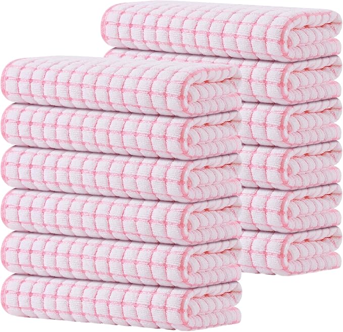 Kitinjoy Cotton 12 Pack Terry Kitchen Towels, 16 x 25 Inches Super Soft and Absorbent Dish Towels, Quick Drying Hand Towels for Kitchen Drying, Pink