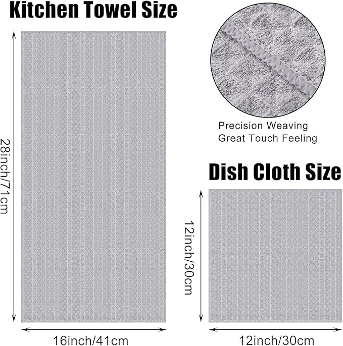 Homaxy Microfiber Waffle Weave Kitchen Towels Set, 16 x 28 Inch and 12 x 12 Inch Ultra Absorbent and Solid Color Dish Towels, 12 Pack, Grey