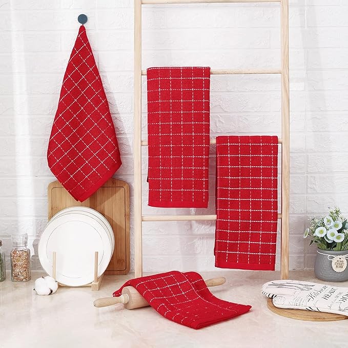 Homaxy 100% Cotton Terry Kitchen Towels(Red, 13 x 28 inches), Checkered Designed, Soft and Super Absorbent Dish Towels, 2 Pack