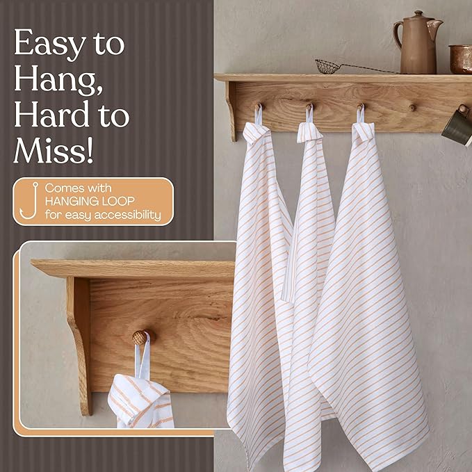 Mustard Yellow Striped Dish Towels 5 Pack, Ultra Absorbent, Classic Stripe Towel Set, Quick Dry Cotton Kitchen Towels for Cleaning Counters, Drying Dishes, Everyday Cleanup