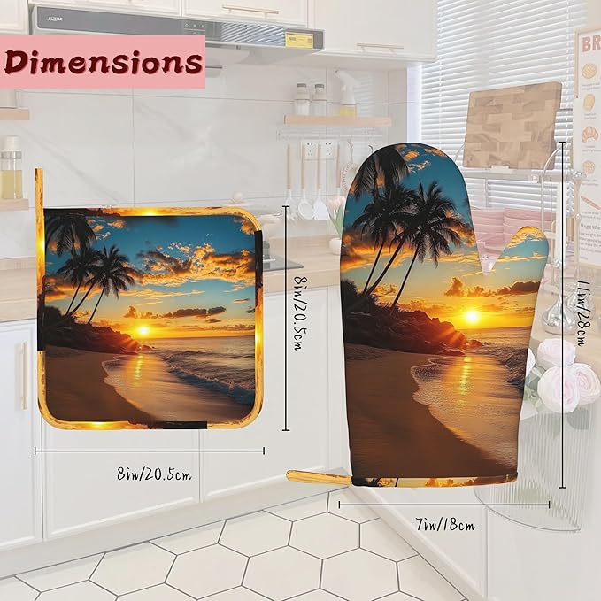 Tropical Palm Oven Mitts and Pot Holders (4PCS),Sunset Trees Sea Beach Heat Resistant Non-Slip Silicone Kitchen Gloves for Cooking, Baking, BBQ Waterproof Kitchen Accessories
