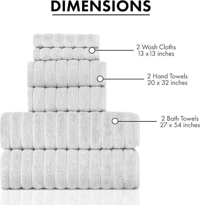 Classic Turkish Towels 6 Piece Heavy Duty Fast Drying Bath Sets Made with 100% Turkish Cotton - Includes 2 Fingertip Towels (Mist Grey)