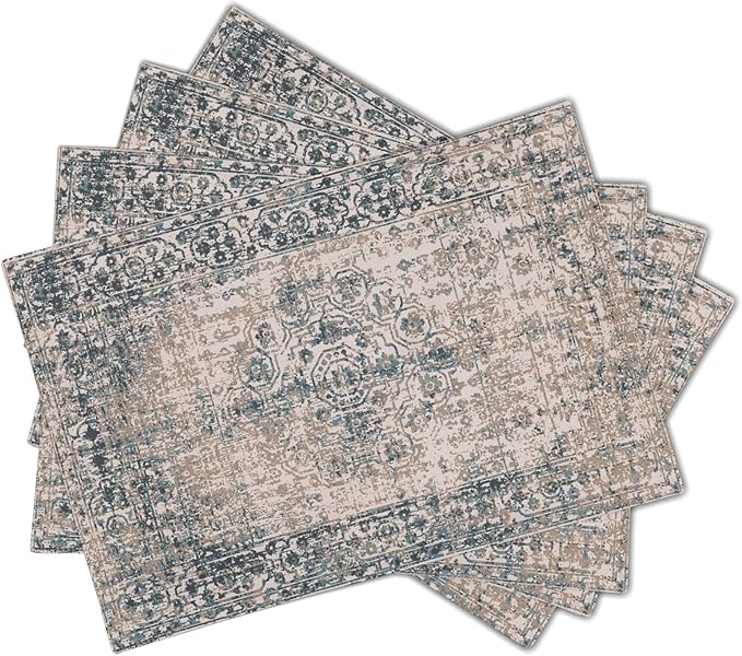 aportt Grey Brown Ethnic Boho Placemats Set of 4 Bohemian Carpet Vintage Gray Linen Washable Kitchen Dining Table Mats Stain Heat-Resistant Desktop Decor Place Mats for Home Party Indoor 12x18 in