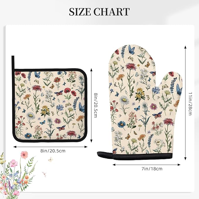 Vintage Floral Oven Mitts and Pot Holders 3Pcs, Retro Floral Silicone Oven Mitts Birthday for Flower Lover, Cute Botanic Wild Flowers Heat Resistant Non-Slip Oven Gloves for Mom Wife Sister