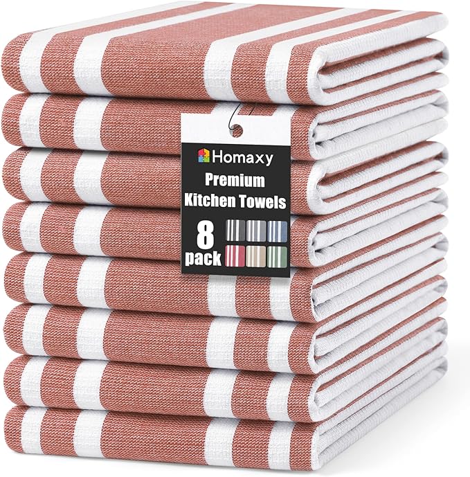 Homaxy Premium Kitchen Towels 18”x 28”, Large Cotton 380 GSM Kitchen Hand Towels, Stripe and Terry Dish Towel, Highly Absorbent Tea Towel Set with Hanging Loop, 8 Pack, Rust