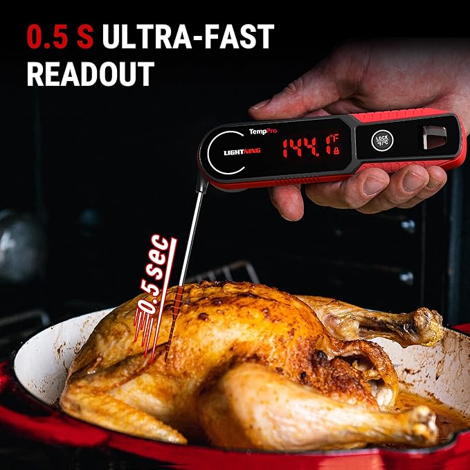TempPro Lightning 0.5-Sec Instant Read Meat Thermometer, Kitchen Food Thermometer with 180° Rotating Display, IP67 Waterproof Cooking Thermometer for Deep Fry Smoker BBQ Grill (Previously ThermoPro)