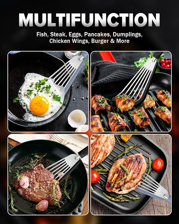 Fish Spatula Turner, Thin Slotted Spatulas for Nonstick Cookware,Silicone Edge Heat Resistant Kitchen Flipper for Fish, Egg, Pancake(Stainless Steel, 2Pack)