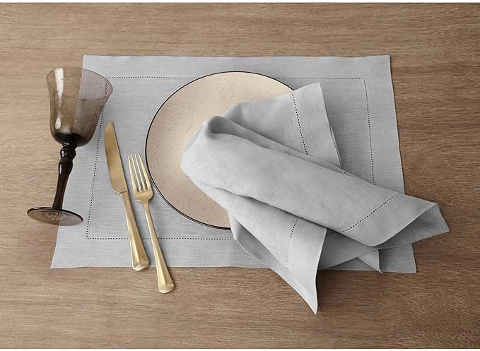 Solino Home Linen Napkins Set of 4 - Classic Hemstitch 100% Pure Linen Soft Grey Dinner Napkins Cloth 20 x 20 Inch for Spring, Summer, Mothers Day - Handcrafted and Machine Washable