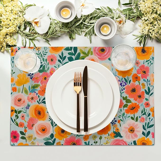 Watercolor Flower Printed Placemat Set of 4 Decoration Linen Place Mat for Home Dining Table Indoor Outdoor