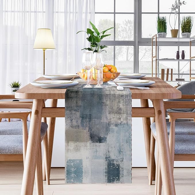 Emvency Farmhouse Table Runner, Vintage Blue and Grey Abstract Art Painting for Kitchen Coffee Table Family Dinners Holiday Parties Wedding Events Decor(13x90 inch)