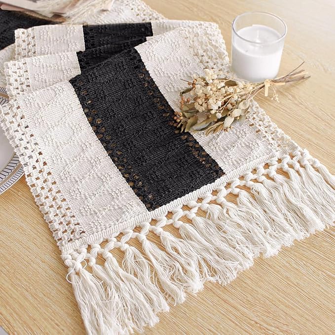 FEXIA Boho Table Runner for Home Decor with Tassels 60 Inches Long,Black Farmhouse Rustic Table Runner Macrame Burlap Table Decoration for Living Room Bridal Shower(12x60 Inches)