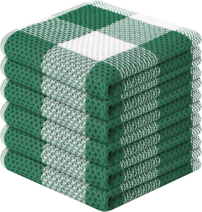 Homaxy 100% Cotton Waffle Weave Check Plaid Dish Cloths, 12 x 12 Inches, Super Soft and Absorbent Dish Towels Quick Drying Dish Rags, 6-Pack, White & Dark Green