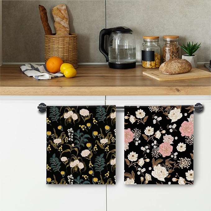 Dark Vintage Floral Kitchen Towels, Art Nouveau Flower Dish Towels Drying Cloth for Kitchen, Boho Cottagecore Botanical Decorative Hand Towel for Bathroom, 16x24 Inch Set of 2