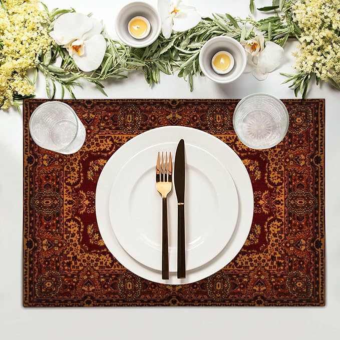 aportt Red Gold Boho Placemats Set of 4 Bohemian Vintage Retro Rug Carpet Linen Washable Kitchen Dining Table Mats Stain Heat-Resistant Desktop Decor Place Mats for Home Party Indoor 12x18 in