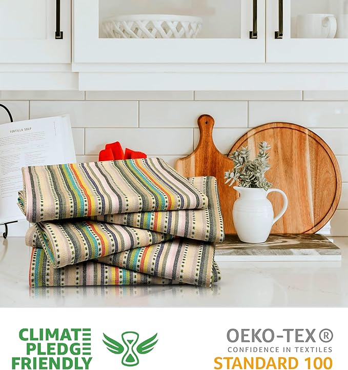 Urban Villa Kitchen Towels 100% Cotton Dish Towels for Kitchen(Set of 6)20”x30” Dish Cloths Highly Absorbent Kitchen Linen Set with Hanging Loop Perfect for Drying Dishes Cleaning Towels-Beige Stripes
