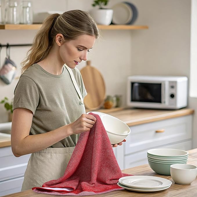 Mordimy Premium Kitchen Towels 8 Pack (18 x 28 Inches, Red), Large Cotton Kitchen Hand Towel, Flat & Terry Dish Towels for Drying Dishes, Super Absorbent Tea Dishtowels Set with Hanging Loop