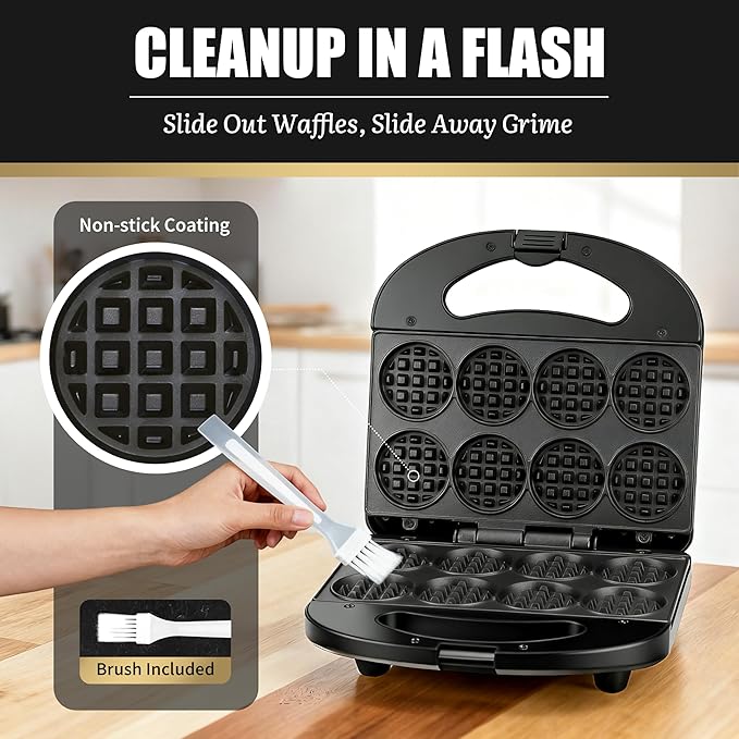 FineMade Mini Waffle Maker, Mini Waffle Iron, Waflera Electrica, Small Waffle Maker for Kids, Baby wafflera, Makes 8×2" Tiny Waffle Bites, Non-stick Surface, Ideal for Breakfast, Dessert and Snacks
