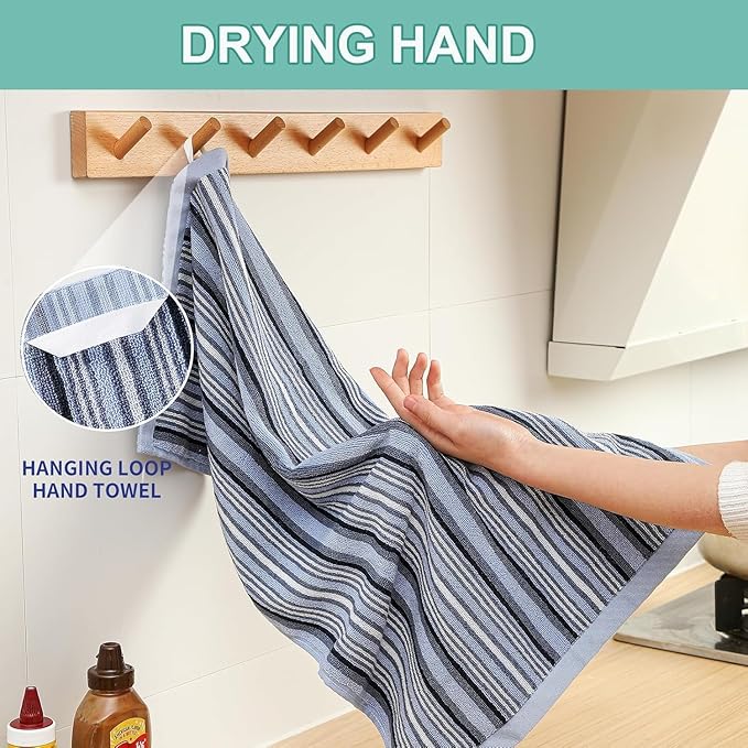 SALAS Kitchen Dish Towels for Drying Dishes, Large Cotton Kitchen Cloths Hand Towels, Stripped Terry Dish Cloths, Thick Highly Absorbent Towel Sets with Hanging Loop, 16" X 26"