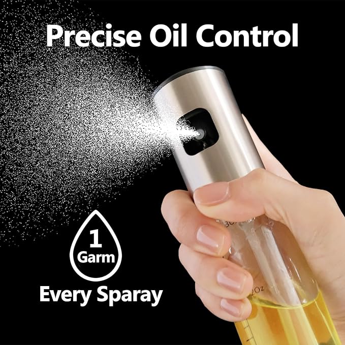 2 Pack Oil Sprayer for Cooking, 3.5 OZ Olive Oil Dispenser Bottle for Kitchen Gadgets, Food, Air Fryer, Salad, Vinegar, BBQ, Stainless Steel Pump for Mist Spray, Glass Metarial Mister, 100 ML