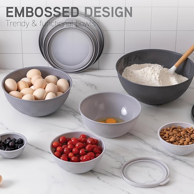 COOK WITH COLOR Mixing Bowls with Lids - 12 Piece Plastic Nesting Bowls Set includes 6 Prep Bowls and 6 Lids, Microwave Safe Mixing Bowl Set, Grey Rhombus