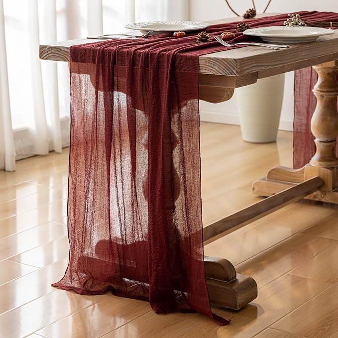 Keketoarrange 10pcs Burgundy Table Runner Valentines Decor Red Cheesecloth Gauze 120 Inch 10 FT Rustic Boho Cheese Cloth Runner for Wedding Baby Bridal Shower Party Long Sheer Spring Home Decorations