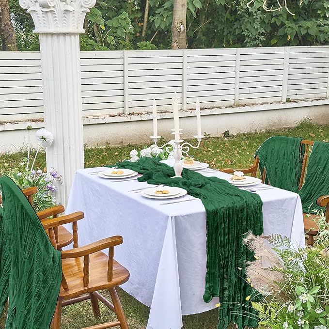 IVAPUPU 4 Pcs Cheesecloth Table Runner - 10ft Emerald Green Boho Gauze Cheese Cloth Table Runners for Baby Shower Decorations Wedding Party Summer Garden Decor