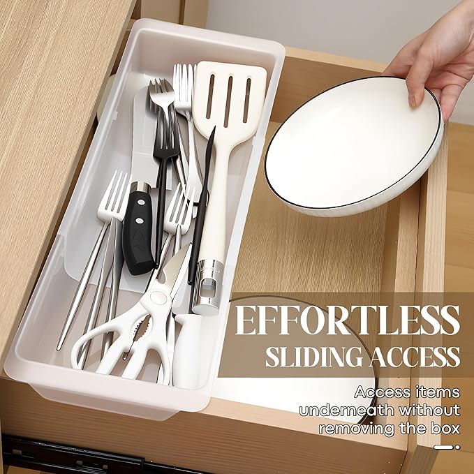 1 Pack Deep Drawer Organizer Bins, Adjustable Sliding Drawer Organizer Bin Expandable Tray for Kitchen Utensils, BBQ Tools, Towels, Durable Plastic Sliding for Easy Storage (17" to 27”)