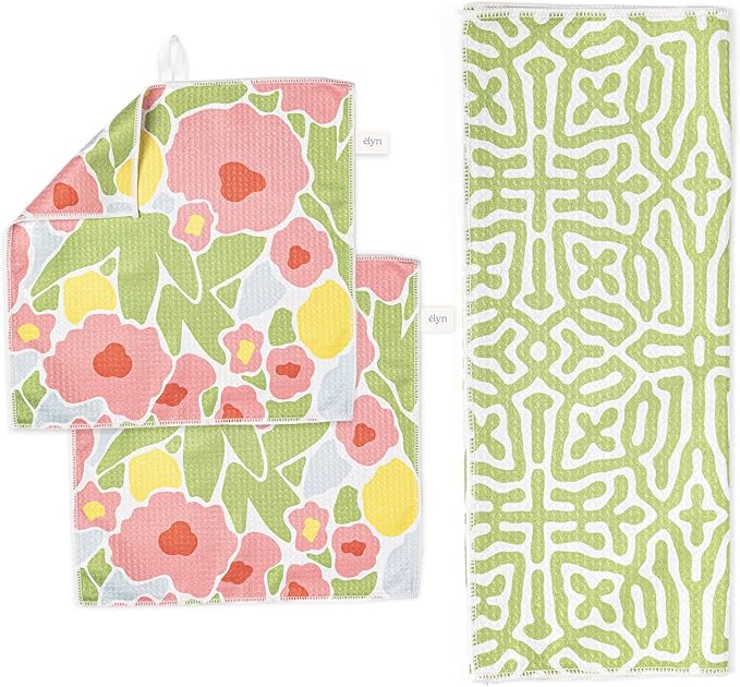 ELYN Microfiber Kitchen Dish Towel & Dish Cloth Set, Quick-Dry & Absorbent Waffle Weave Cleaning Cloths, Set of One Kitchen Towel & Two Washcloths, Paper Towels Alternative (Bold Floral & Geo)