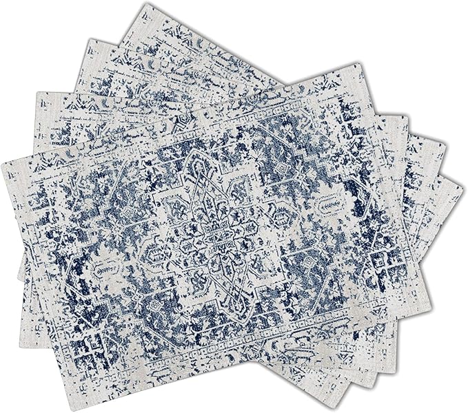 aportt Navy Blue Grey Ethnic Boho Placemats Set of 4 Bohemian Carpet Vintage Gray Linen Washable Kitchen Dining Table Mats Stain Heat-Resistant Desktop Decor Place Mats for Home Party Indoor 12x18 in