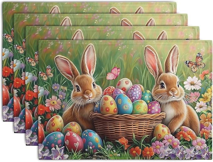 Easter Bunny Placemats Set of 4 Easter Colorful Eggs Floral Linen Fabric Table Mats Spring Farmhouse Seasonal Table Place Mats for Outdoor Indoor Home Party 12x18 Inch