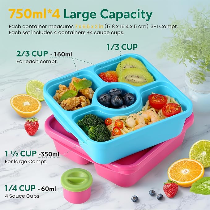 QQKO Bento Snack Box Containers for Adults Kids, Meal Prep Containers Reusuable Bento Lunch Box, Lunchable Food Storage Containers with Lids and Sauce Cups, Retro Blue